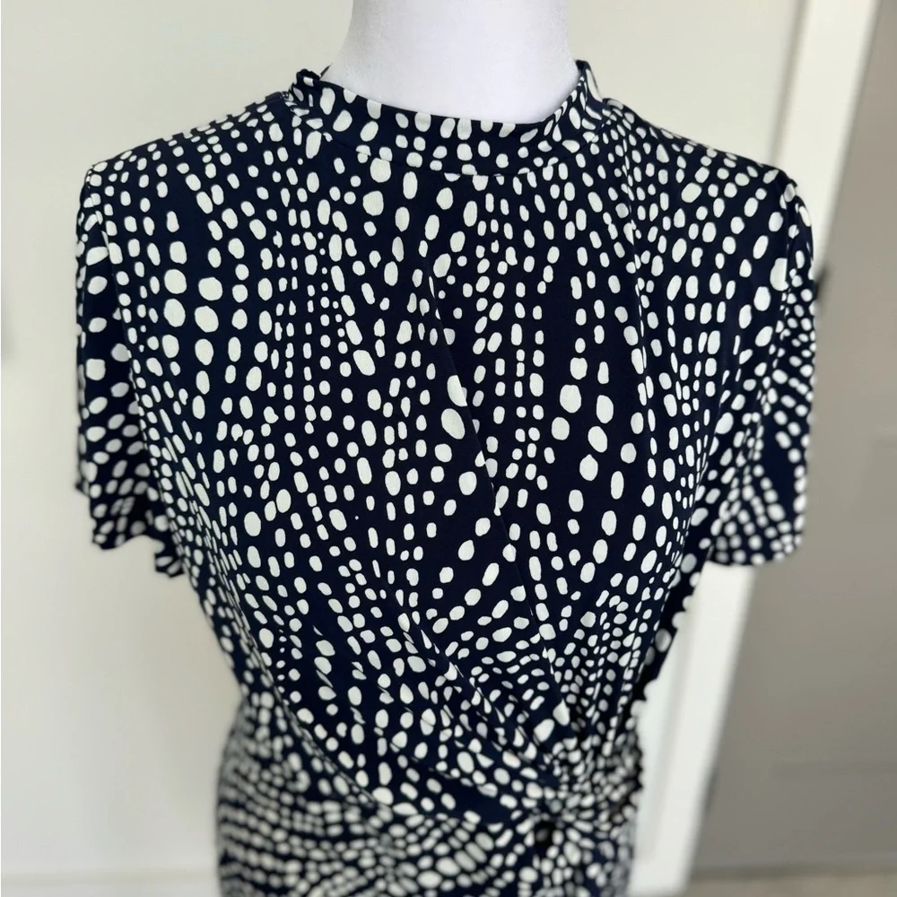Maggy London Navy white Polka Dot Wrap Dress 8 Fit & Flare Twirl - Picture 7 of 11